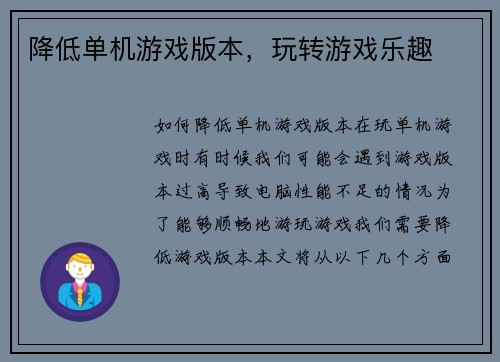 降低单机游戏版本，玩转游戏乐趣