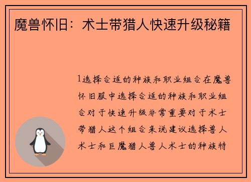 魔兽怀旧：术士带猎人快速升级秘籍